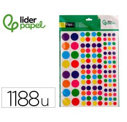 Gomets liderpapel autoadhesivo figuras de colores y tamaños surtidos bolsa de 10 hojas 1188 unidades