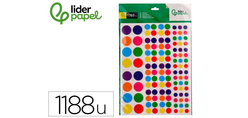 Gomets liderpapel autoadhesivo figuras de colores y tamaños surtidos bolsa de 10 hojas 1188 unidades