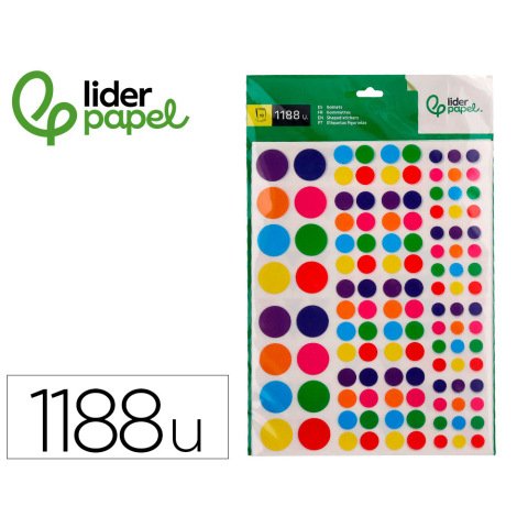 Gomets liderpapel autoadhesivo figuras de colores y tamaños surtidos bolsa de 10 hojas 1188 unidades
