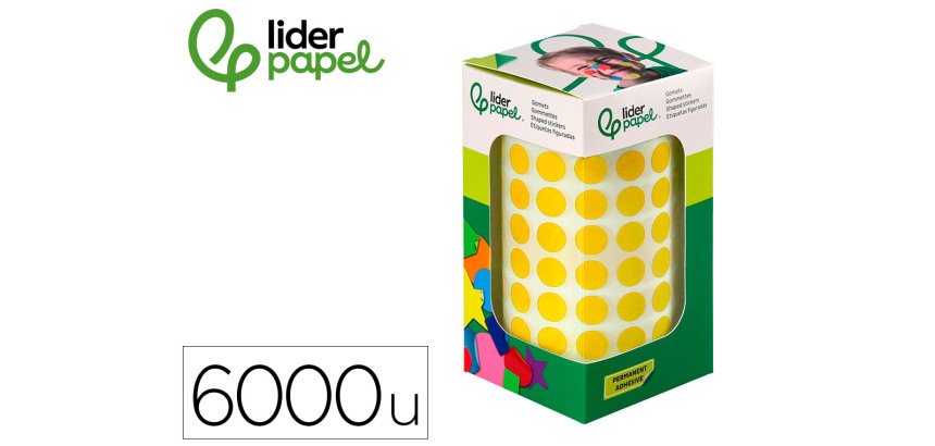 Gomets liderpapel autoadhesivo circulos 10,5 mm amarillo rollo de 6000 unidades en caja de carton