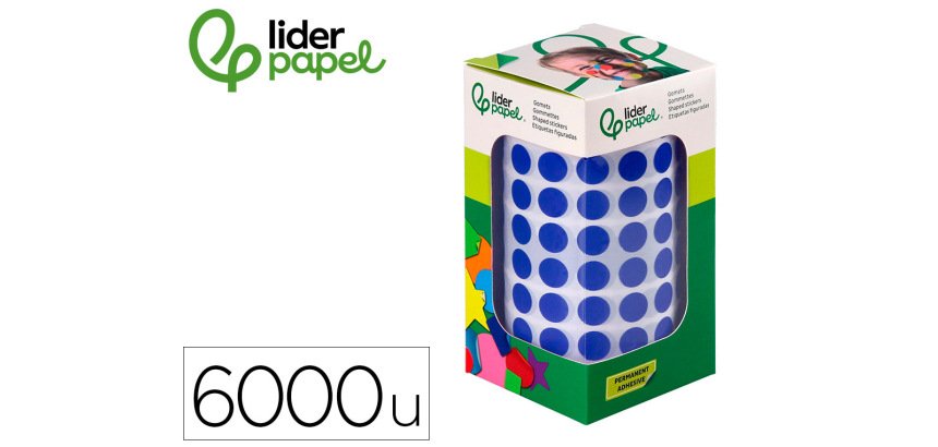 Gomets liderpapel autoadhesivo circulos 10,5 mm azul rollo de 6000 unidades en caja de carton