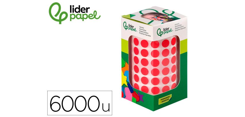 Gomets liderpapel autoadhesivo circulos 10,5 mm rojo rollo de 6000 unidades en caja de carton
