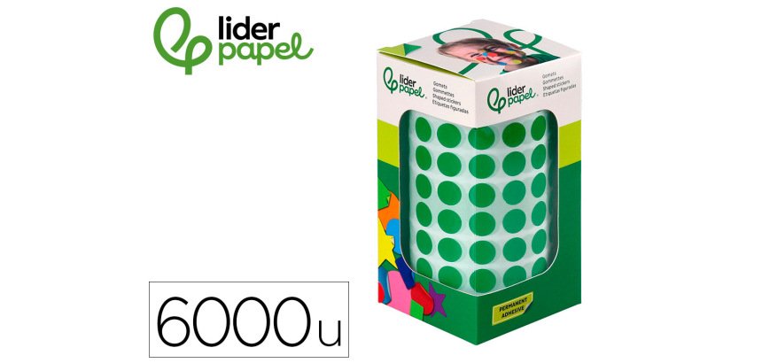 Gomets liderpapel autoadhesivo circulos 10,5 mm verde rollo de 6000 unidades en caja de carton