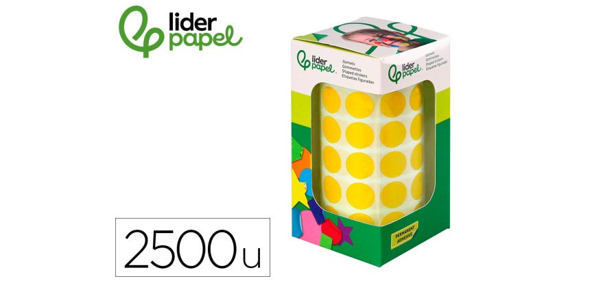 Gomets liderpapel autoadhesivo circulos 15 mm amarillo rollo de 2500 unidades en caja de carton