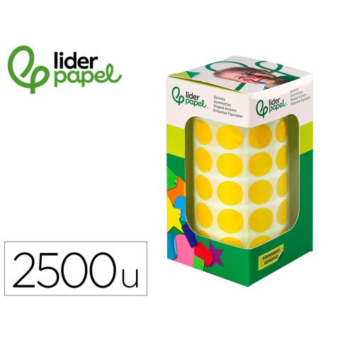 Gomets liderpapel autoadhesivo circulos 15 mm amarillo rollo de 2500 unidades en caja de carton