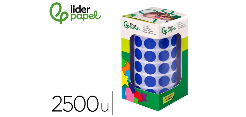 Gomets liderpapel autoadhesivo circulos 15 mm azul rollo de 2500 unidades en caja de carton
