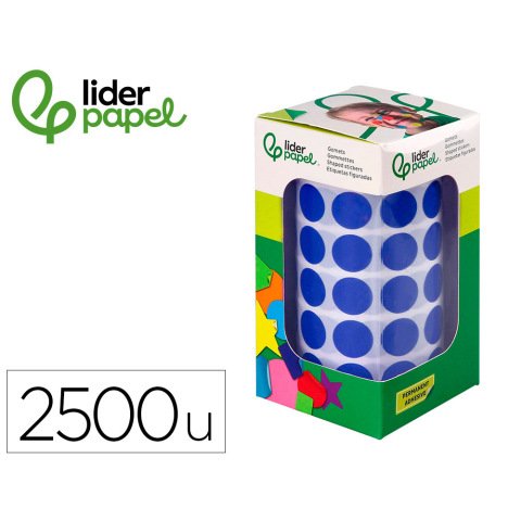 Gomets liderpapel autoadhesivo circulos 15 mm azul rollo de 2500 unidades en caja de carton
