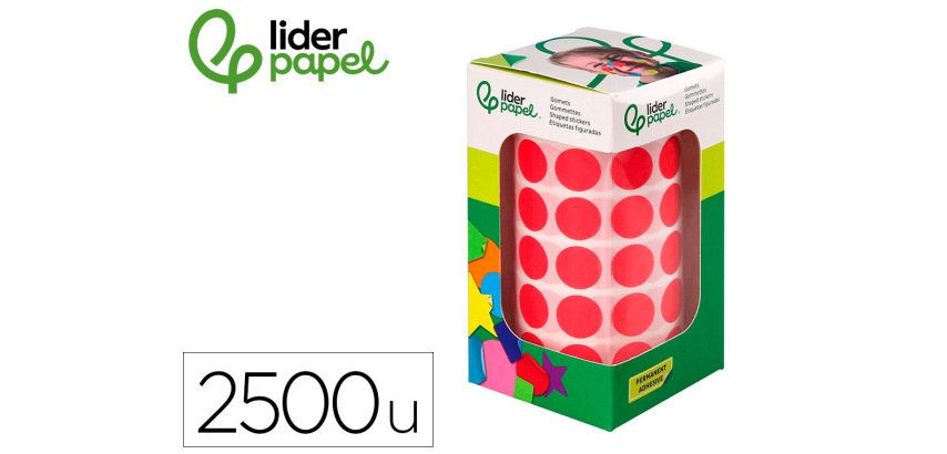 Gomets liderpapel autoadhesivo circulos 15 mm rojo rollo de 2500 unidades en caja de carton
