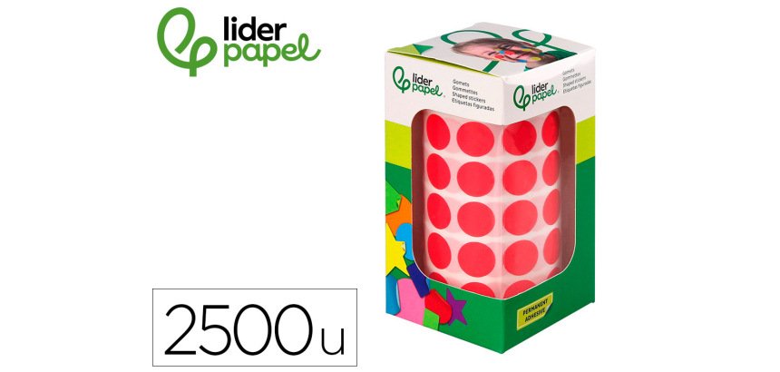 Gomets liderpapel autoadhesivo circulos 15 mm rojo rollo de 2500 unidades en caja de carton