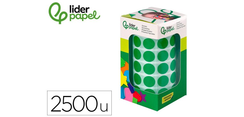 Gomets liderpapel autoadhesivo circulos 15 mm verde rollo de 2500 unidades en caja de carton