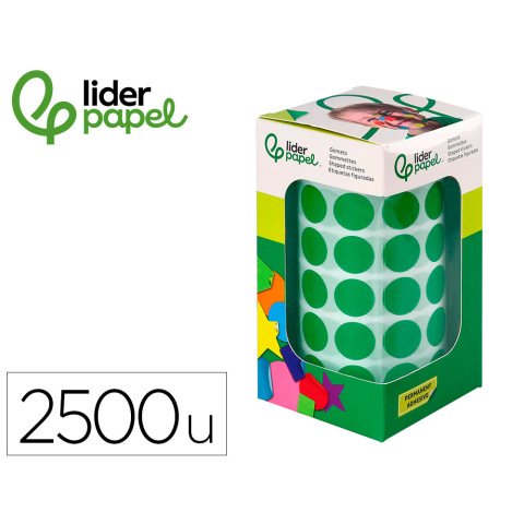 Gomets liderpapel autoadhesivo circulos 15 mm verde rollo de 2500 unidades en caja de carton