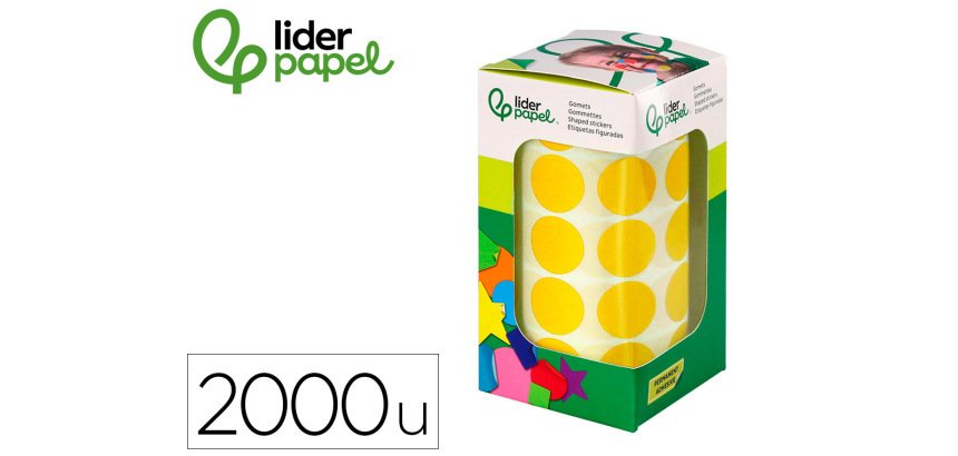 Gomets liderpapel autoadhesivo circulos 20 mm amarillo rollo de 2000 unidades en caja de carton