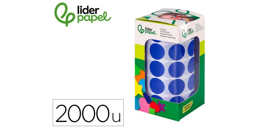 Gomets liderpapel autoadhesivo circulos 20 mm azul rollo de 2000 unidades en caja de carton