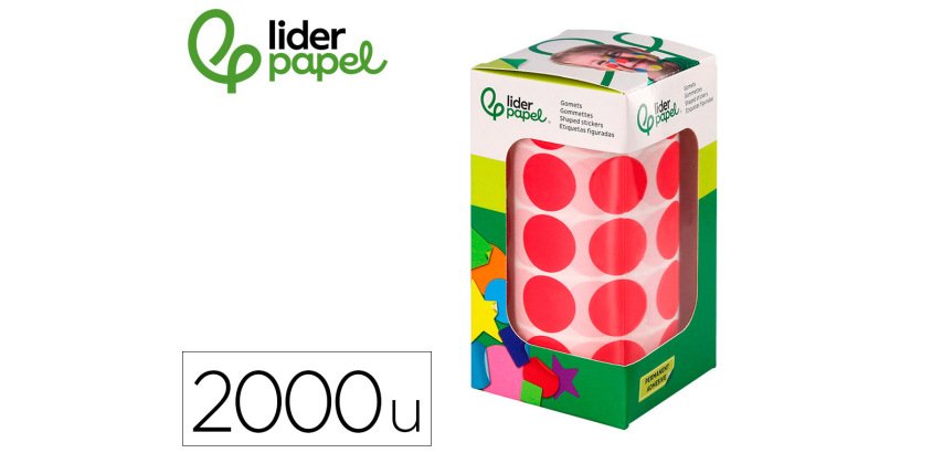 Gomets liderpapel autoadhesivo circulos 20 mm rojo rollo de 2000 unidades en caja de carton