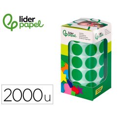 Gomets liderpapel autoadhesivo circulos 20 mm verde rollo de 2000 unidades en caja de carton