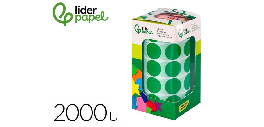 Gomets liderpapel autoadhesivo circulos 20 mm verde rollo de 2000 unidades en caja de carton