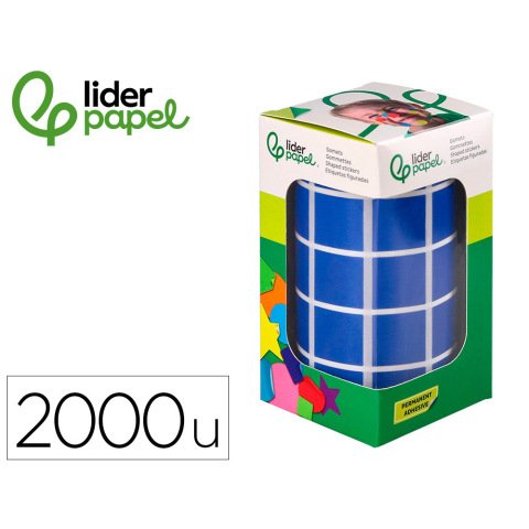 Gomets liderpapel autoadhesivo cuadrado 20x20 mm azul rollo de 2000 unidades en caja de carton
