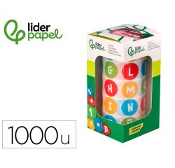 Gomets liderpapel autoadhesivo redondo abecedario 20 mm colores surtidos rollo de 1000 unidades en caja de carton