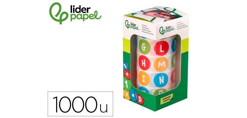 Gomets liderpapel autoadhesivo redondo abecedario 20 mm colores surtidos rollo de 1000 unidades en caja de carton
