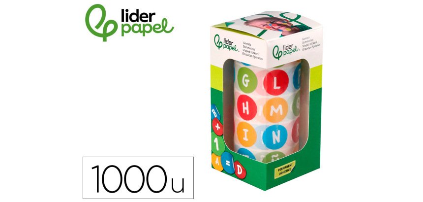 Gomets liderpapel autoadhesivo redondo abecedario 20 mm colores surtidos rollo de 1000 unidades en caja de carton