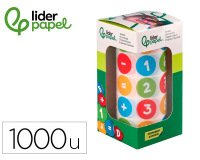 Gomets liderpapel autoadhesivo redondo numeros 20 mm colores surtidos rollo de 1000 unidades en caja de carton
