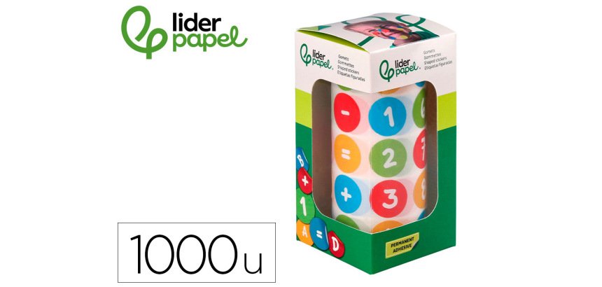Gomets liderpapel autoadhesivo redondo numeros 20 mm colores surtidos rollo de 1000 unidades en caja de carton