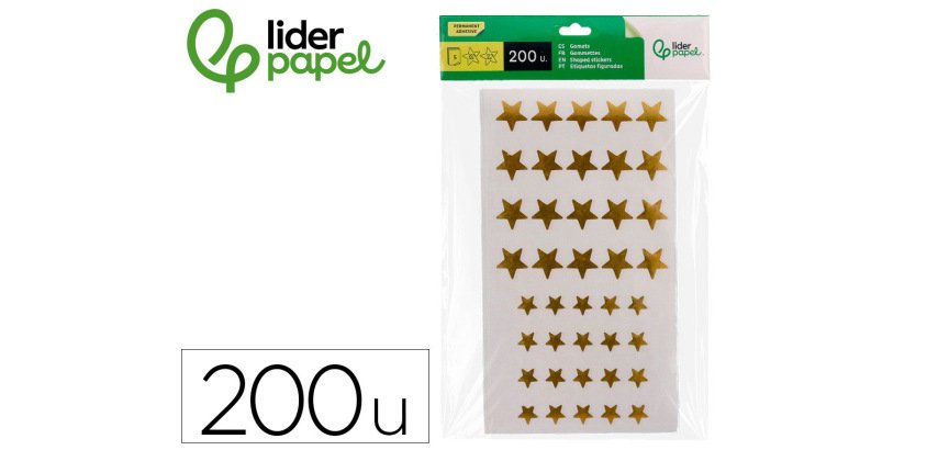 Gomets liderpapel autoadhesivo estrellas doradas surtidas bolsa de 5 hojas con 200 unidades