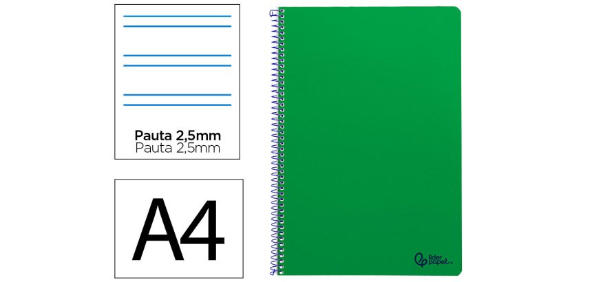 Cuaderno espiral liderpapel a4 smart tapa blanda 80h 75gr pauta 2,5mm con margen color verde