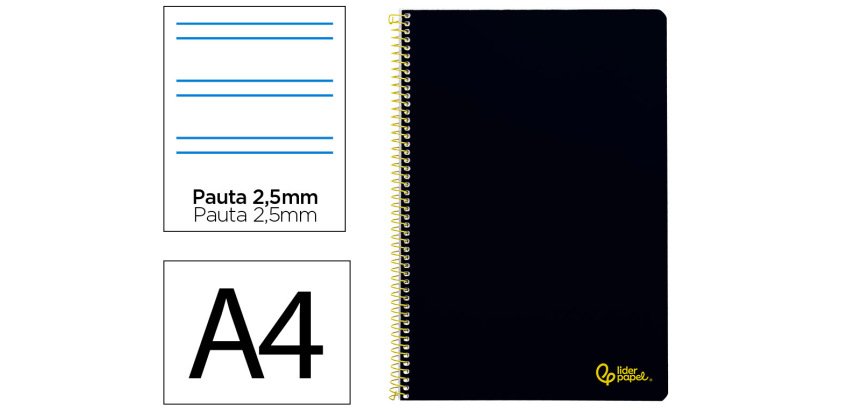 Cuaderno espiral liderpapel a4 smart tapa blanda 80h 75gr pauta 3,5mm con margen color negro