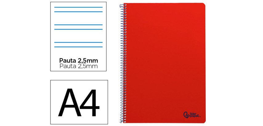 Cuaderno espiral liderpapel a4 smart tapa blanda 80h 75gr pauta 3,5mm con margen color rojo