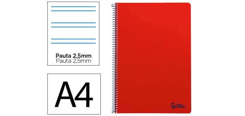 Cuaderno espiral liderpapel a4 smart tapa blanda 80h 75gr pauta 3,5mm con margen color rojo