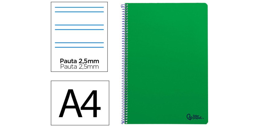 Cuaderno espiral liderpapel a4 smart tapa blanda 80h 75gr pauta 3,5mm con margen color verde