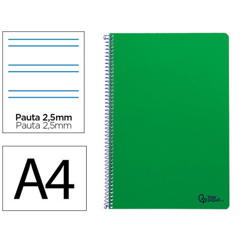 Cuaderno espiral liderpapel a4 smart tapa blanda 80h 75gr pauta 3,5mm con margen color verde