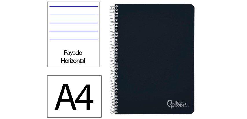 Cuaderno espiral liderpapel a4 witty tapa dura 80h 90gr rayado horizontal con margen color negro
