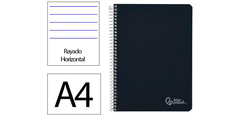 Cuaderno espiral liderpapel a4 witty tapa dura 80h 90gr rayado horizontal con margen color negro