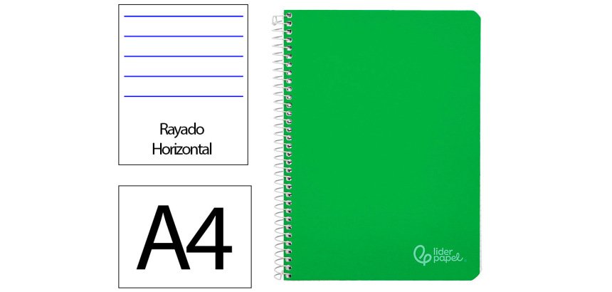 Cuaderno espiral liderpapel a4 witty tapa dura 80h 90gr rayado horizontal con margen color verde