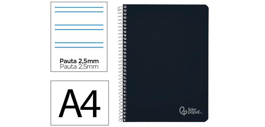 Cuaderno espiral liderpapel a4 witty tapa dura 80h 90gr pauta 2,5mm con margen color negro