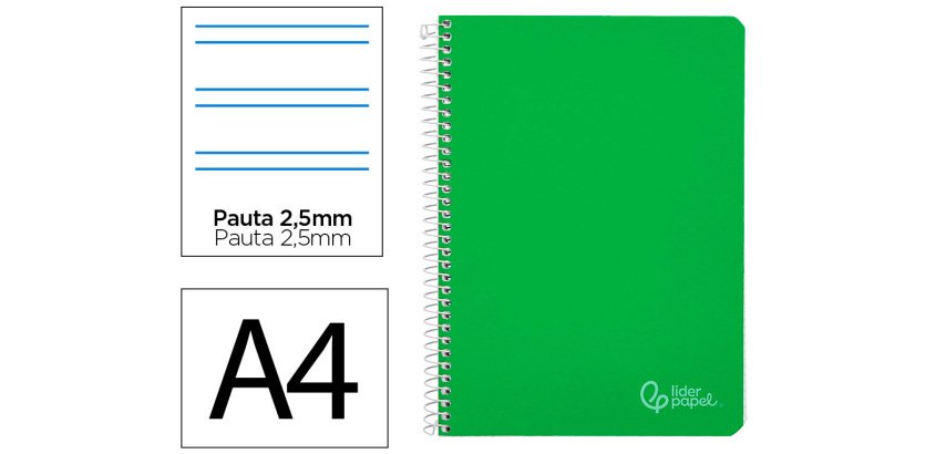 Cuaderno espiral liderpapel a4 witty tapa dura 80h 90gr pauta 2,5mm con margen color verde