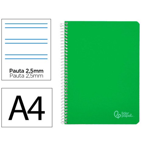 Cuaderno espiral liderpapel a4 witty tapa dura 80h 90gr pauta 2,5mm con margen color verde