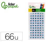 Ojo adhesivo liderpapel 10 mm con pupila negra y pestaña de color azul pack de 66 unidades