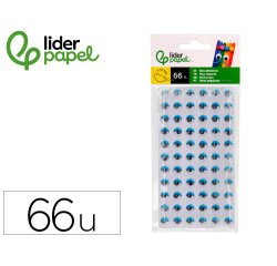 Ojo adhesivo liderpapel 10 mm con pupila negra y pestaña de color azul pack de 66 unidades
