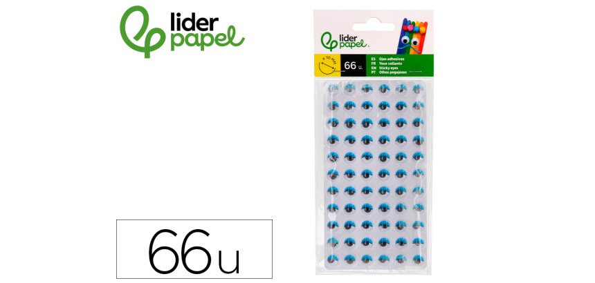 Ojo adhesivo liderpapel 10 mm con pupila negra y pestaña de color azul pack de 66 unidades