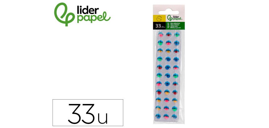 Ojo adhesivo liderpapel 10 mm con pupila de color y pestaña de color pack de 33 unidades