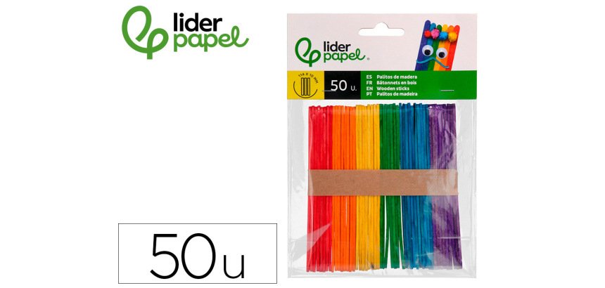 Palitos de madera liderpapel colores surtidos 11,4x1 cm bolsa con 50 unidades