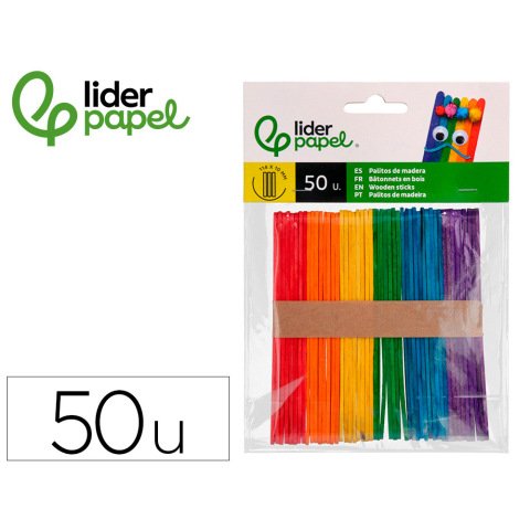 Palillo de madera liderpapel colores surtidos 11,4x1 cm bolsa con 50 unidades