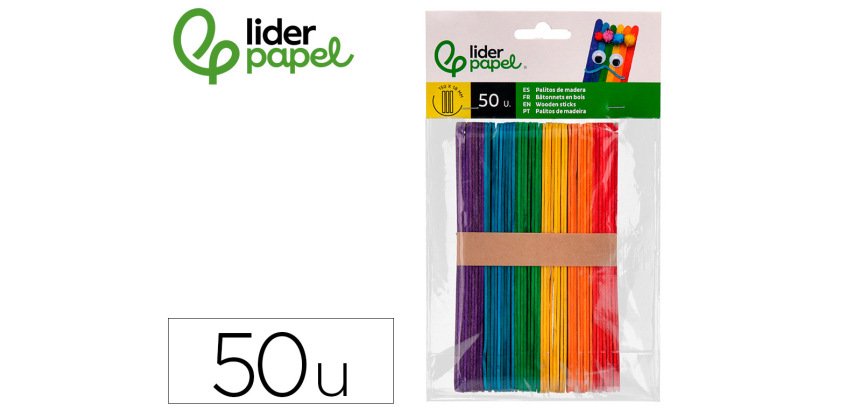 Palitos de madera liderpapel colores surtidos 15x1,8 cm bolsa con 50 unidades