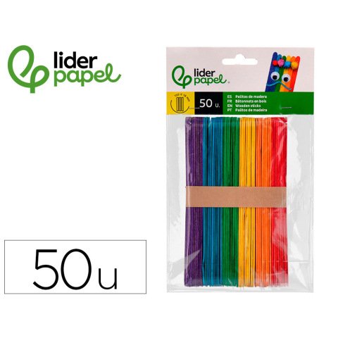 Palillo de madera liderpapel colores surtidos 15x1,8 cm bolsa con 50 unidades
