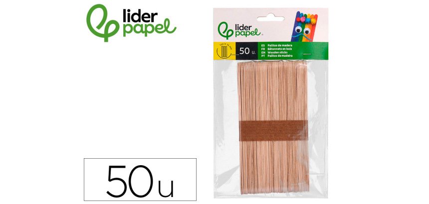 Palitos de madera liderpapel color natural 15 x 1,8 cm bolsa con 50 unidades