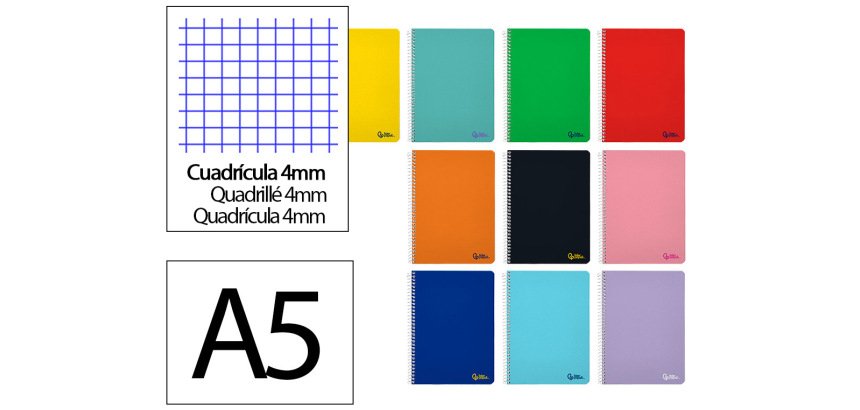 Cuaderno espiral liderpapel a5 smart tapa blanda 40h 75gr cuadro 4mm con margen colores surtidos