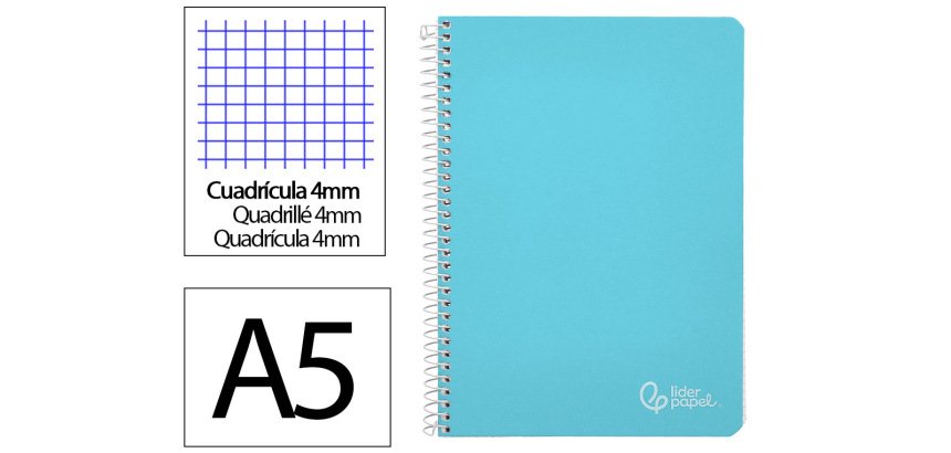 Cuaderno espiral liderpapel a5 witty tapa dura 80h 90gr cuadro 4mm con margen color azul